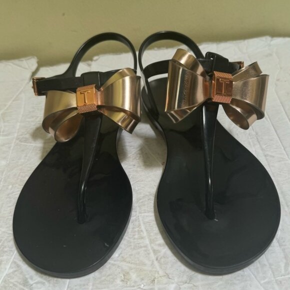 Ted Baker Ainda Rose Gold Bow Ankle TStrap Thong Jelly Bow Sandals Flats Black - Picture 3 of 16